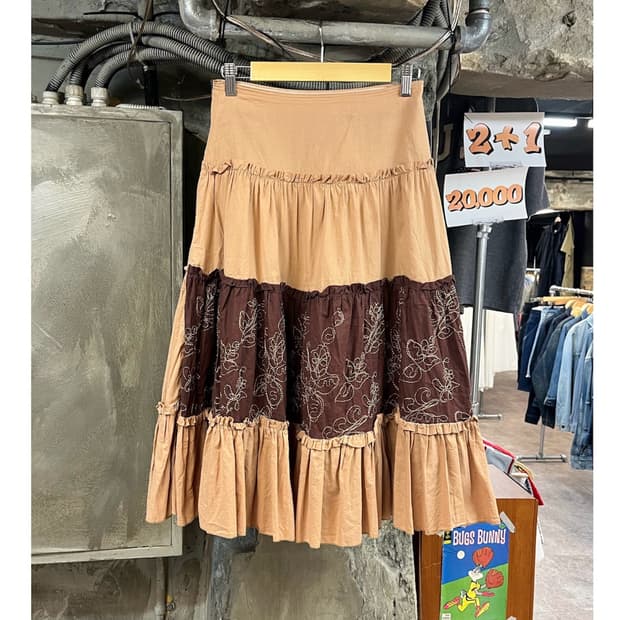 빈티지 프릴 자수 롱 스커트 브라운 M #csz4069 