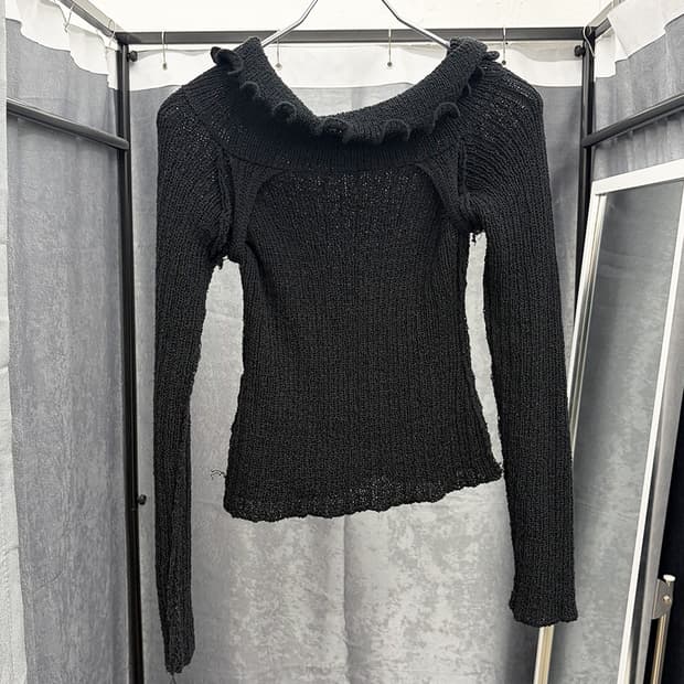 빈티지 러플넥 시어 니트 탑