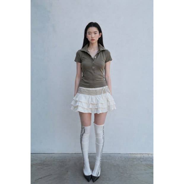 카키 셔츠+캉캉 스커트 코디 set