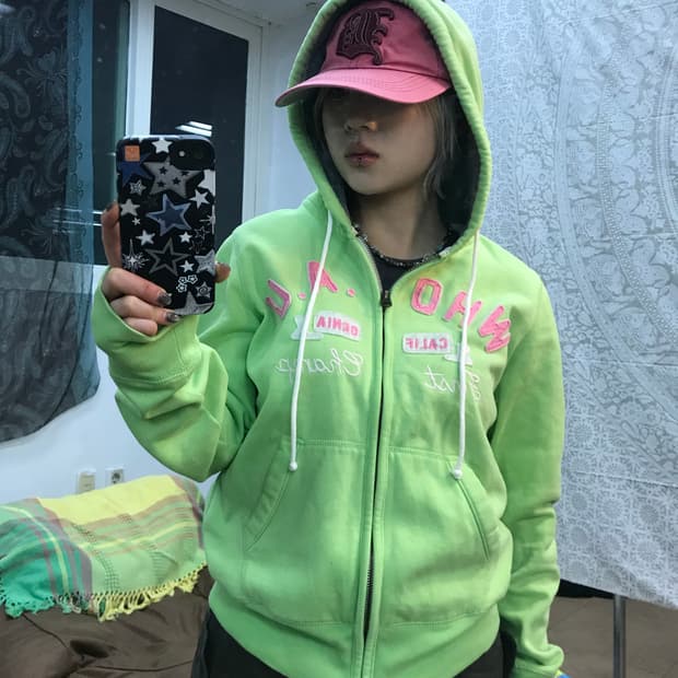 후아유 연두 여성 자수 후드집업 