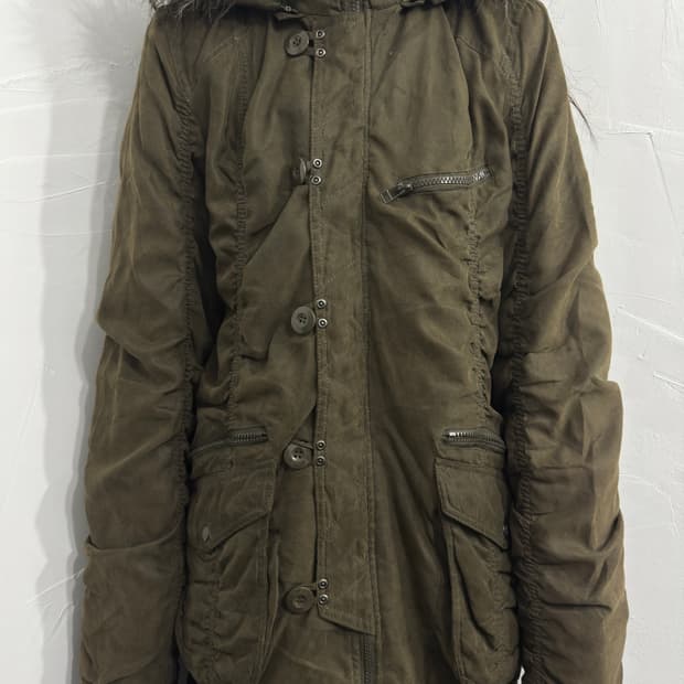 spinalh shirring detail fur hood jacket.