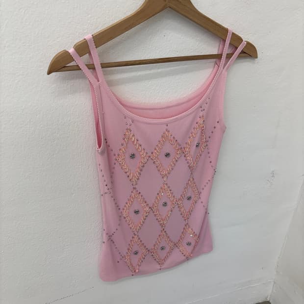 Pink Sequin Argyle Knit Tank Top