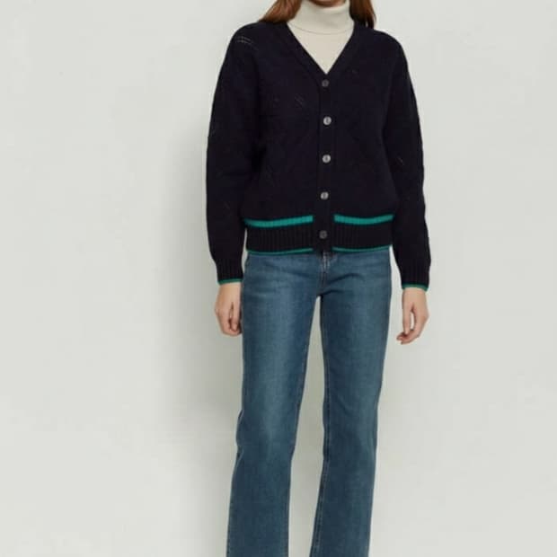 헤지스 라인배색 캐시미어혼방 울니트 가디건 66사이즈