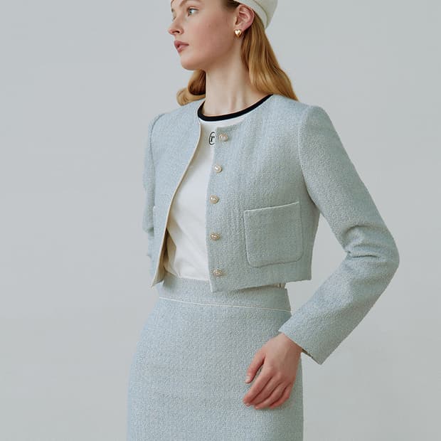 로라로라 파이핑 트위드 자켓 스카이블루 F