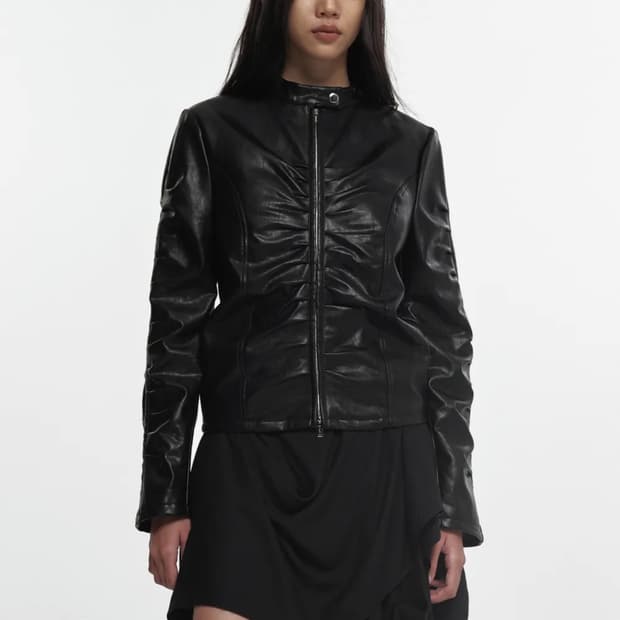 SHIRRING LEATHER JACKET BLACK
