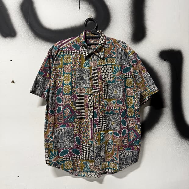 VTG 빈티지 에스닉 페이즐리 풀 패턴 코튼 반팔 셔츠