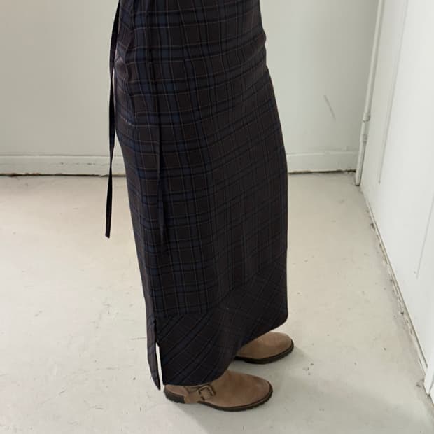 일본빈티지 브라운네이비 체크 울롱스커트