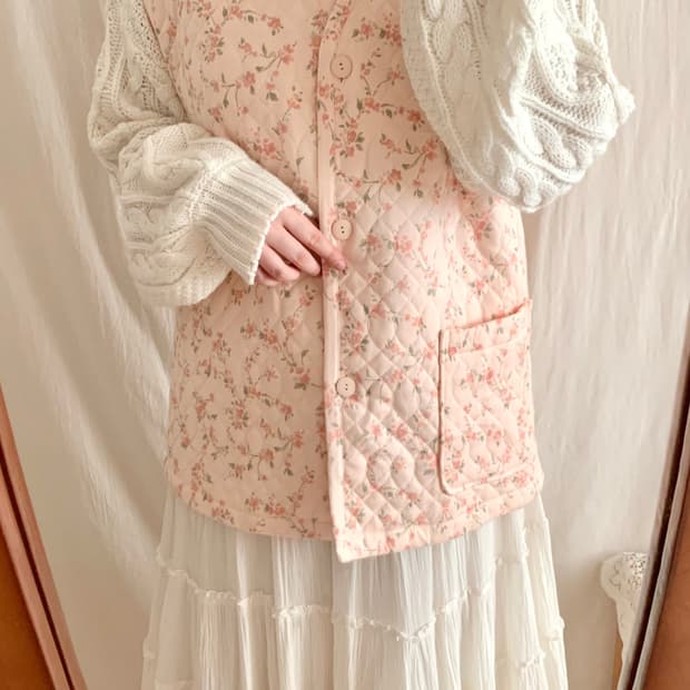 핑크 잔꽃 봄소녀 누빔조끼