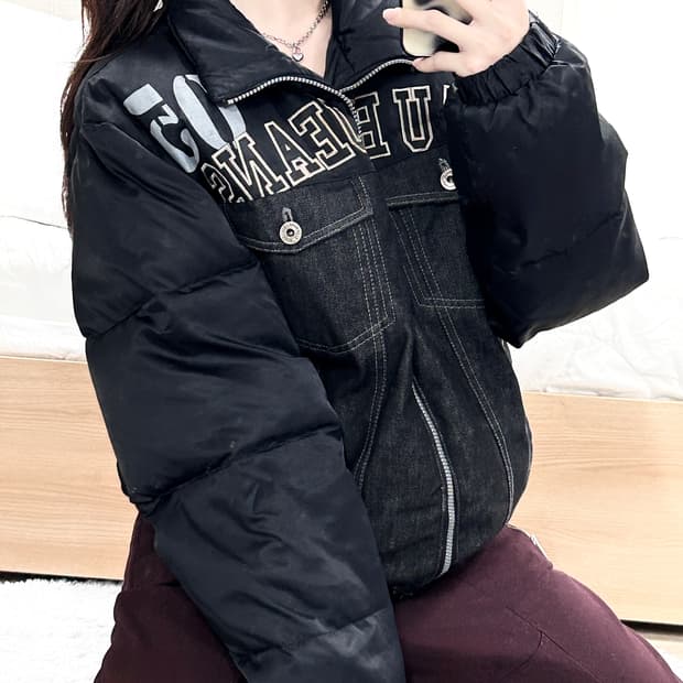 후부 빅로고 데님 배색 덕다운 패딩