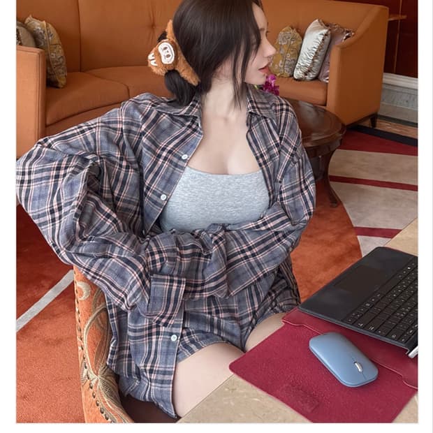 카인다미 오버핏 체크 셔츠+ 복서 체크 숏팬츠 세트상품