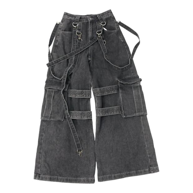 빈티지 블랙 워싱 멀티 스트랩 카고 와이드 데님 팬츠