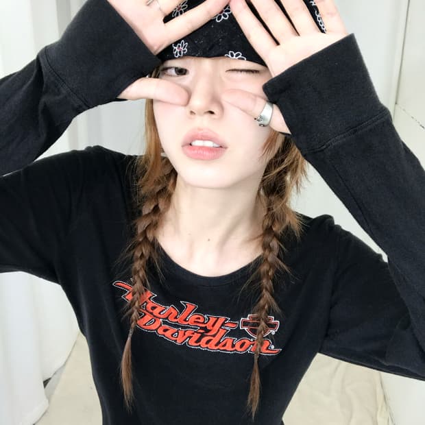 할리데이비슨 블랙 딱붙 자수 롱슬리브 티셔츠