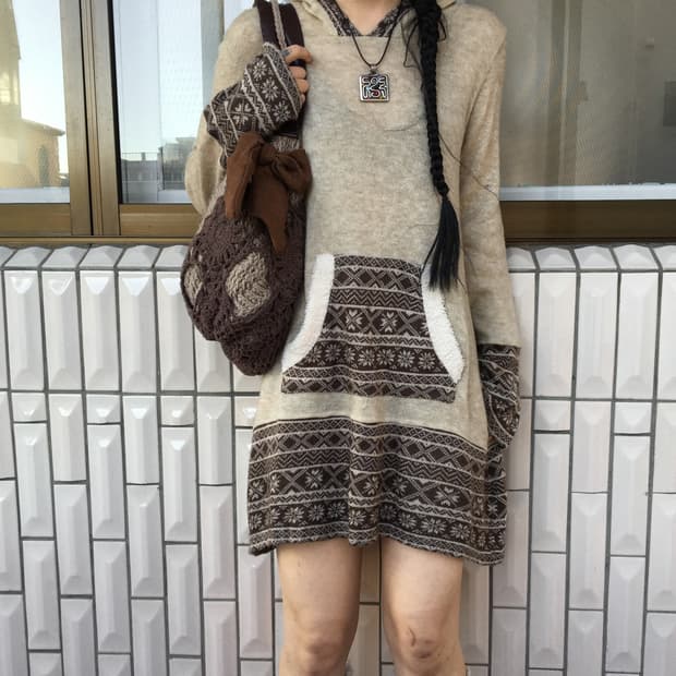 Snow pattern hood knit onepiece