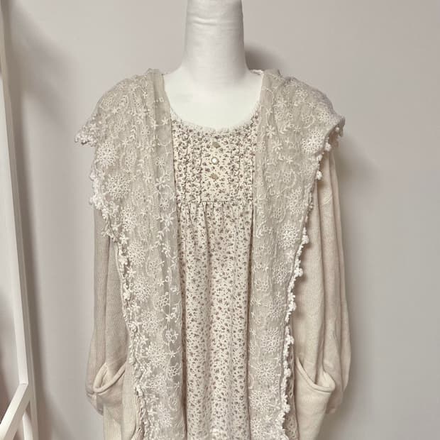 일본빈티지 모리걸 어스뮤직 아이보리 레이스 후드가디건