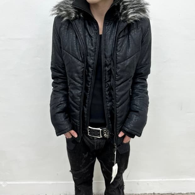 semantic 디자인 레오파드 퍼 다운자켓