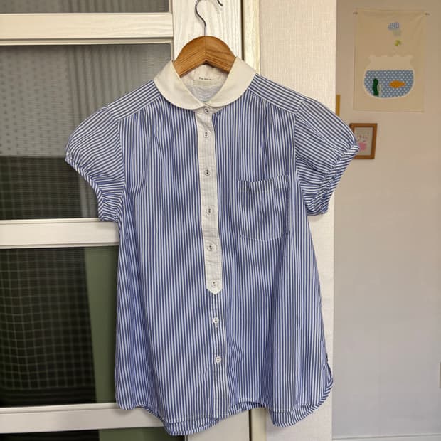 블루 스트라이프 둥근카라 블라우스