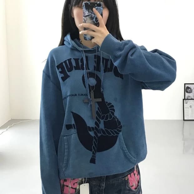 블루블루 프린팅 블루 후드티 
