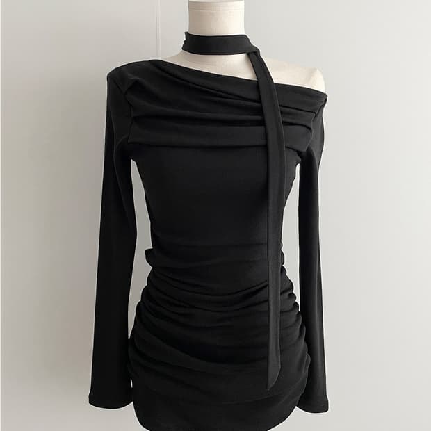 오프숄더 셔링 타이 원피스