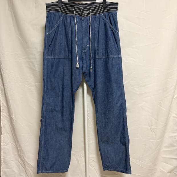 리 유니온 메이드 시보리 립 밴딩 샴브레이 퍼티그팬츠 / 블루, 34