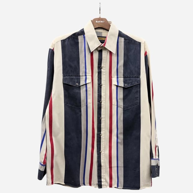 USA VINTAGE 아메리칸 데님셔츠 버티컬 스트라이프 패턴 백 요크컷