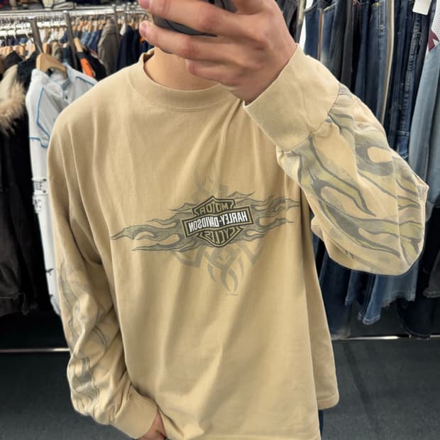 L)00’s할리데이비슨 빈티지 플레임 프린팅 베이지 롱슬리브