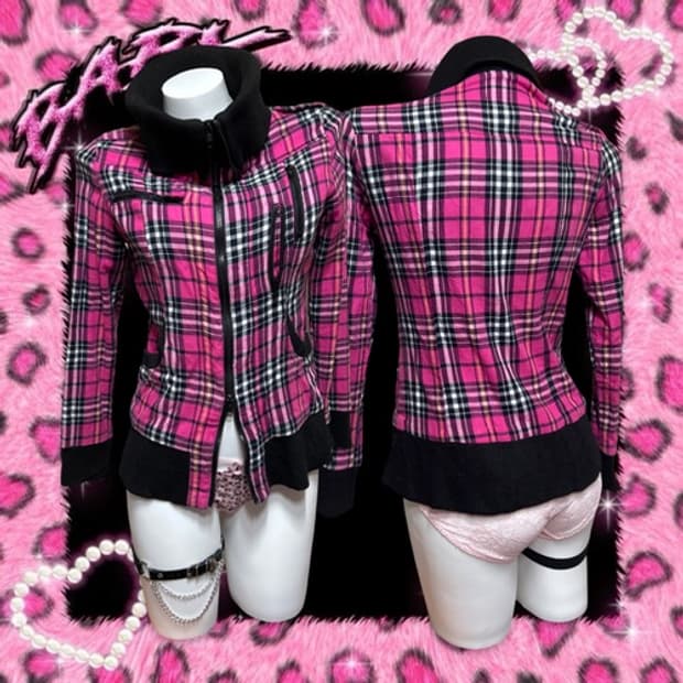 Tralala 핑크 체크 하이넥 투웨이 지퍼 집업 점퍼 캐캐체