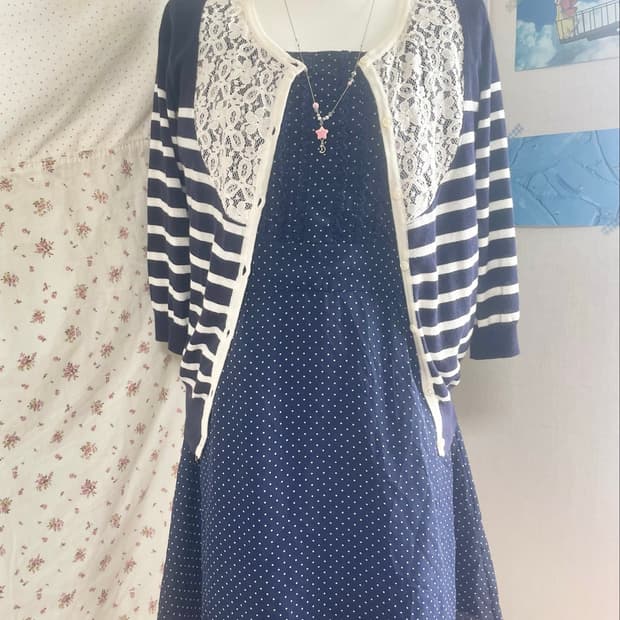 모리걸 빈티지 도트 원피스 & 가디건 set 💙🫧🎀