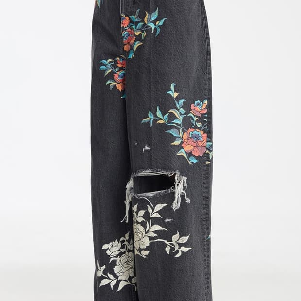 [1] Flower Denim Wide Pants - Black