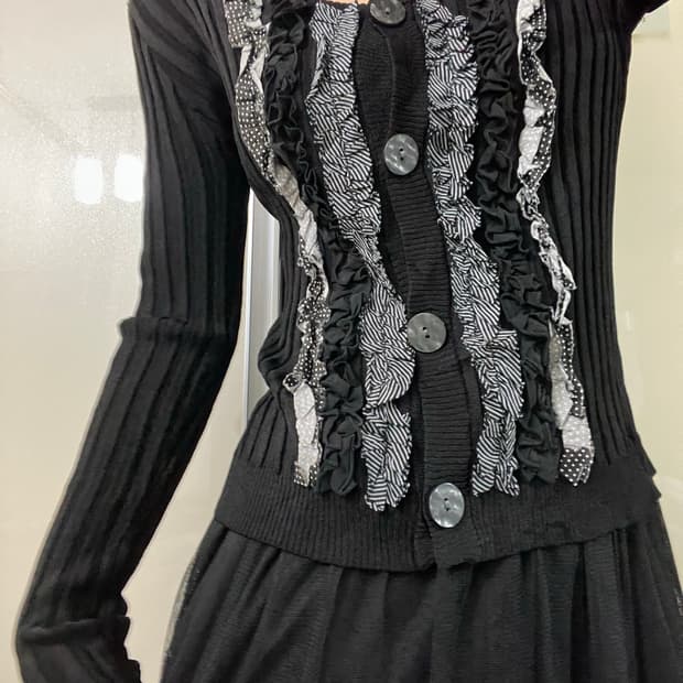 프릴 도트 스트라이프 레이스 가디건