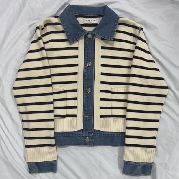 산드로 스트라이프 데님배색 니트 자켓 M