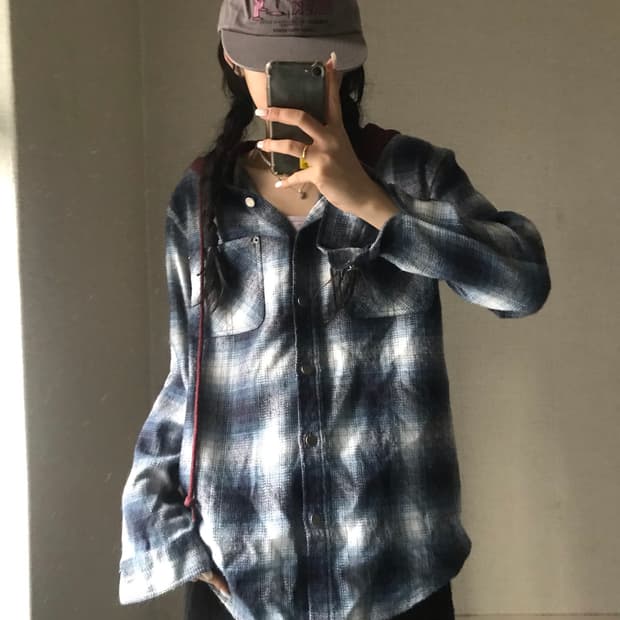 미스치프 레이어드 체크 후드셔츠