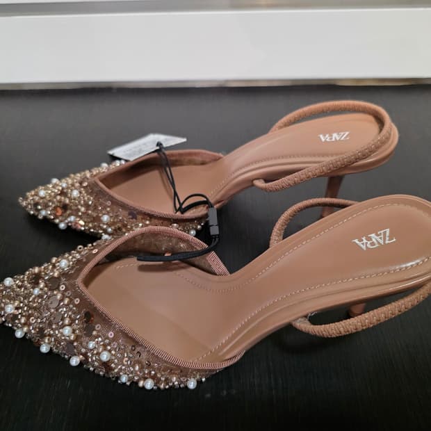 (새상품)ZARA 진주&스팽글 비딩 슬링백 힐 (235/EUR 36)