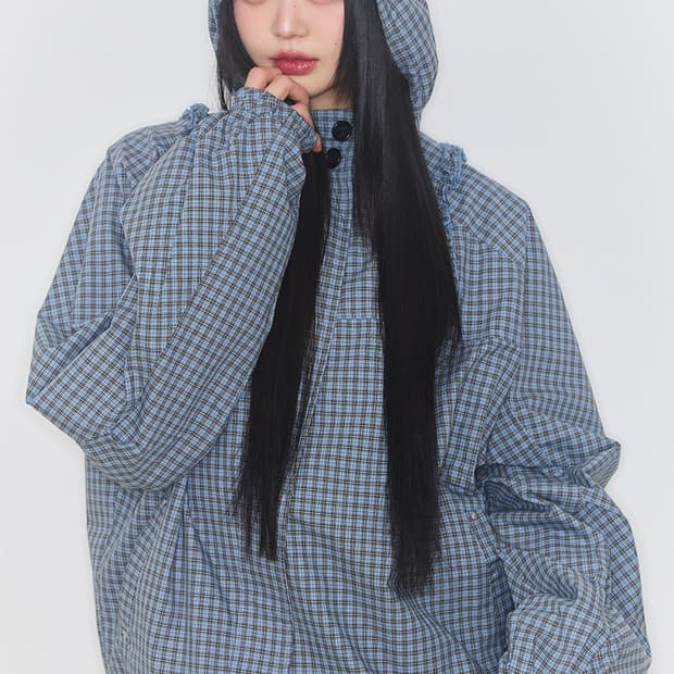 일리고 오블리크 프릴 후드 자켓 체크 블루