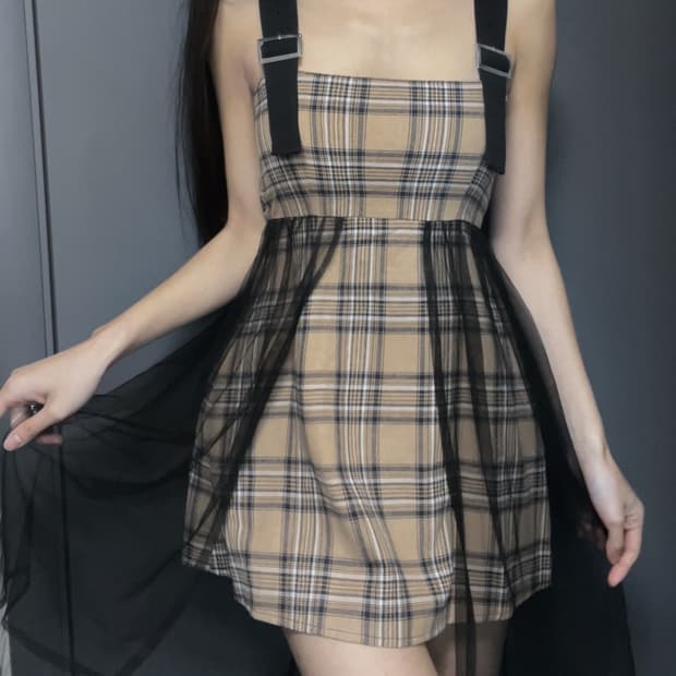 체크 베일 원피스