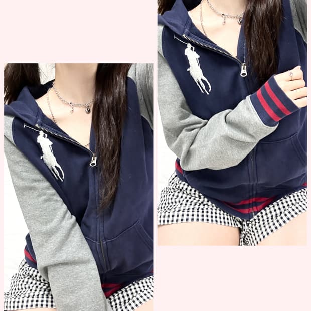 폴로 빅포니 배색 후드집업