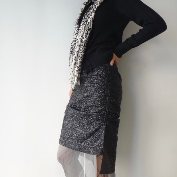 Flower pattern rib cardigan / black