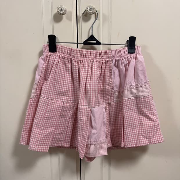 모리걸 일본 빈티지 핸드메이드 패치워크 깅엄체크 테니스 패치 스커트