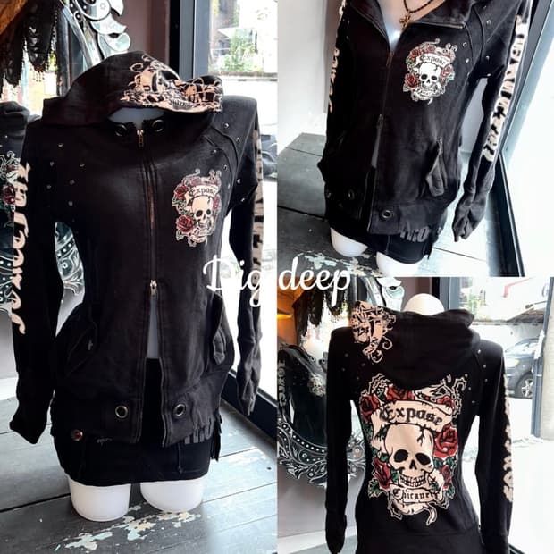 digdeep 디그딥 해골프린팅 소매셔링 펑크 후드집업