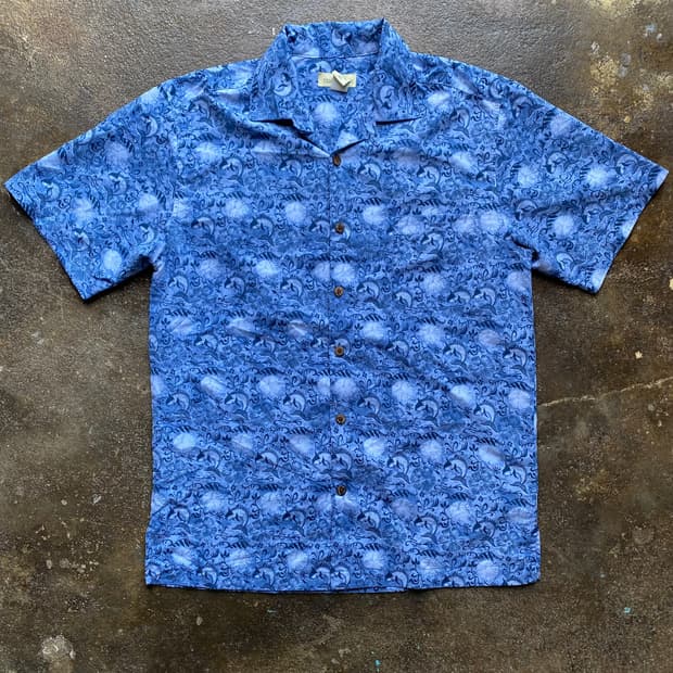 빈티지 블루 플라워 패턴 반팔 셔츠