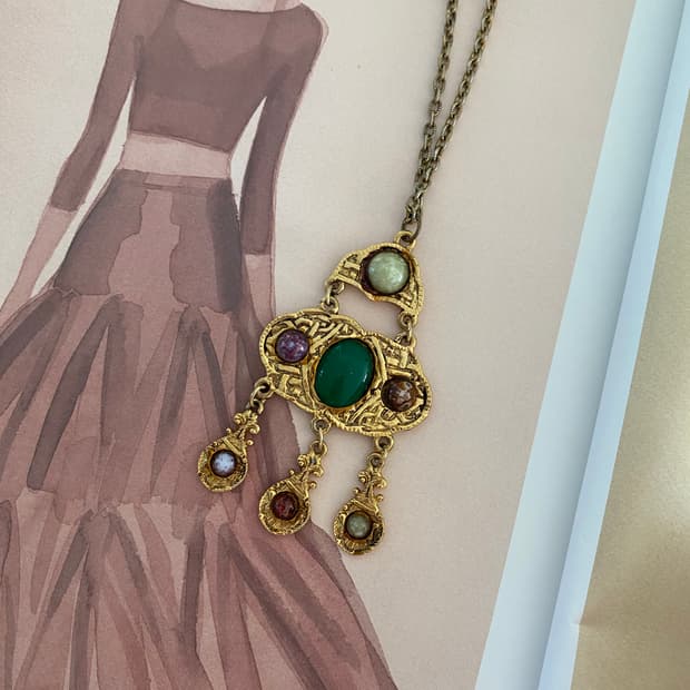 빈티지 멀티 젬스톤 드롭 네크리스 목걸이 주얼리 