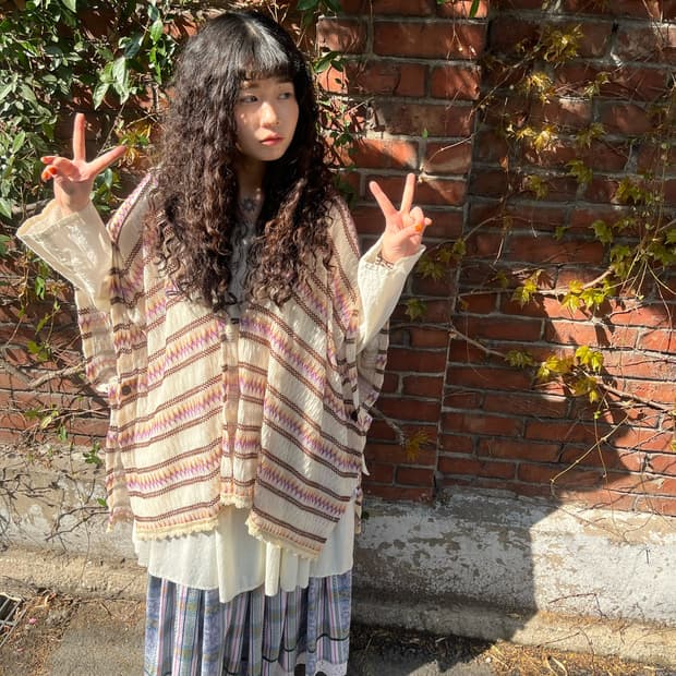 에스닉 그물 니트 후드 케이프 가디건