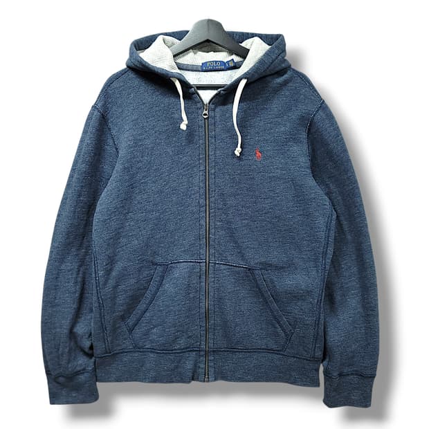 [L] 폴로 네이비 블루 인디고 기모 후드 집업