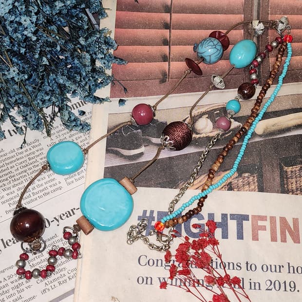 90s 프랑스 빈티지 목걸이 보헤미안 비즈 목걸이 히피 스타일