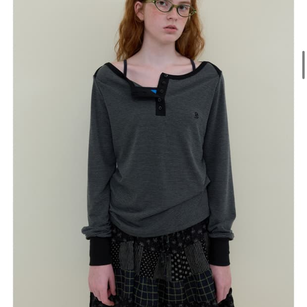 노컨텐츠 보트넥 스트라이프 티 - 블랙