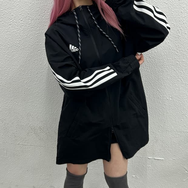 아디다스 에센셜로고 블랙 롱 후드 바람막이 2XL