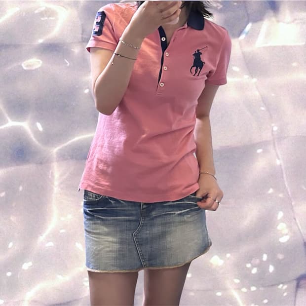 폴로 랄프로렌 빅포니 치프키프 배색 핑크 네이비 반팔 카라 티셔츠 M