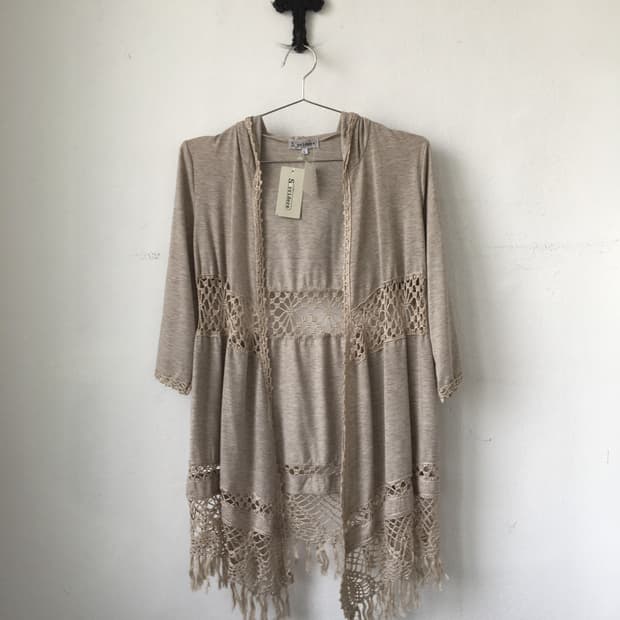 Fringe crochet layer hood open caridgan