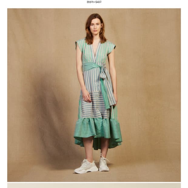 paris 빈티지)그린 스트라이프 패치워크 랩 캉캉 맥시 드레스