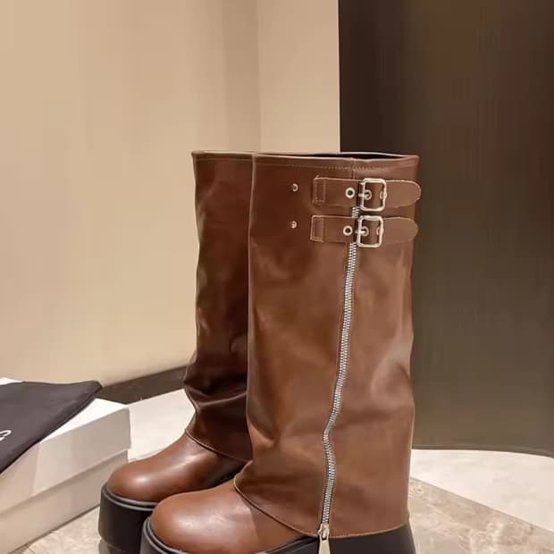 브라운 버클 플랫폼 부츠