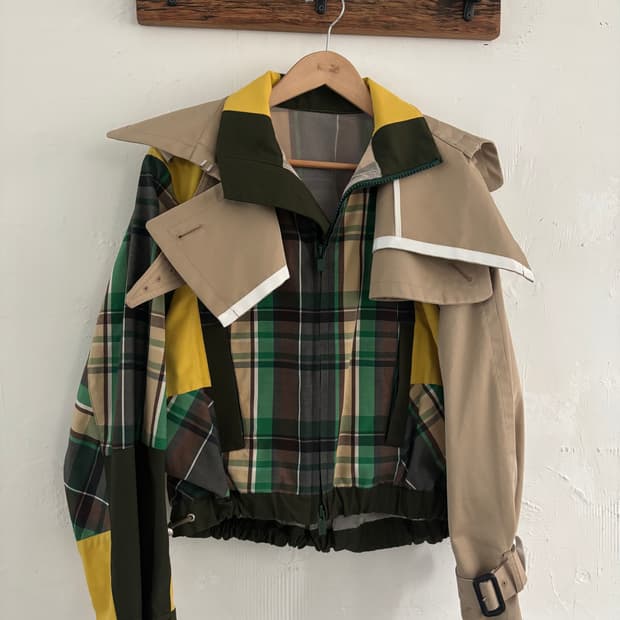 SACAI 사카이 19SS 빅카라 체크 베이지 옐로우 트렌치 블루종